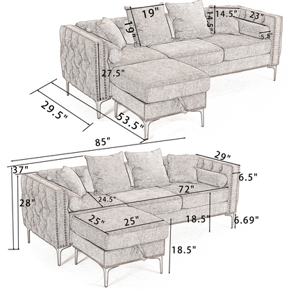 [NEW ARRIVED] [VIDEO PROVIDED]L Shaped Sectional Sofa , Convertible Storage Ottoman,Chenille ,Square Arm,  Modern Tufted Couch ,3 Seater, And Nailhead, Dark gray