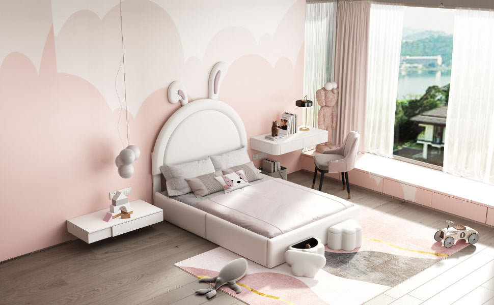 Full size Upholstered Rabbit-Shape Bed with 2 Storage Stools, Velvet Platform Bed with Cartoon Ears Shaped Headboard, White