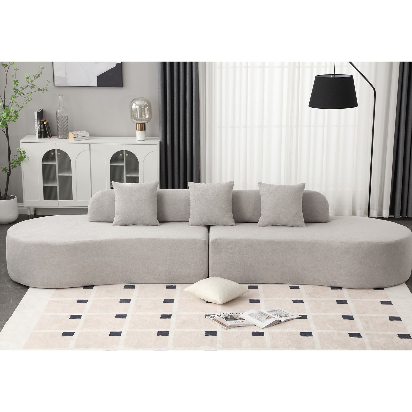 [NEW ARRIVED] [VIDEO PROVIDED] Modern curved combination sofa, terrycloth fabric sofa, minimalist sofa in living room, apartment, no assembly required, three  pillows,Gray