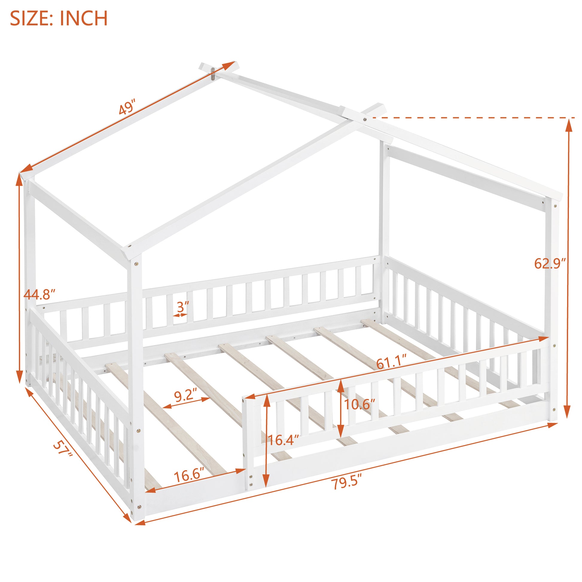 Full Size Wood Bed House Bed Frame with Fence, for Kids, Teens, Girls, Boys,White