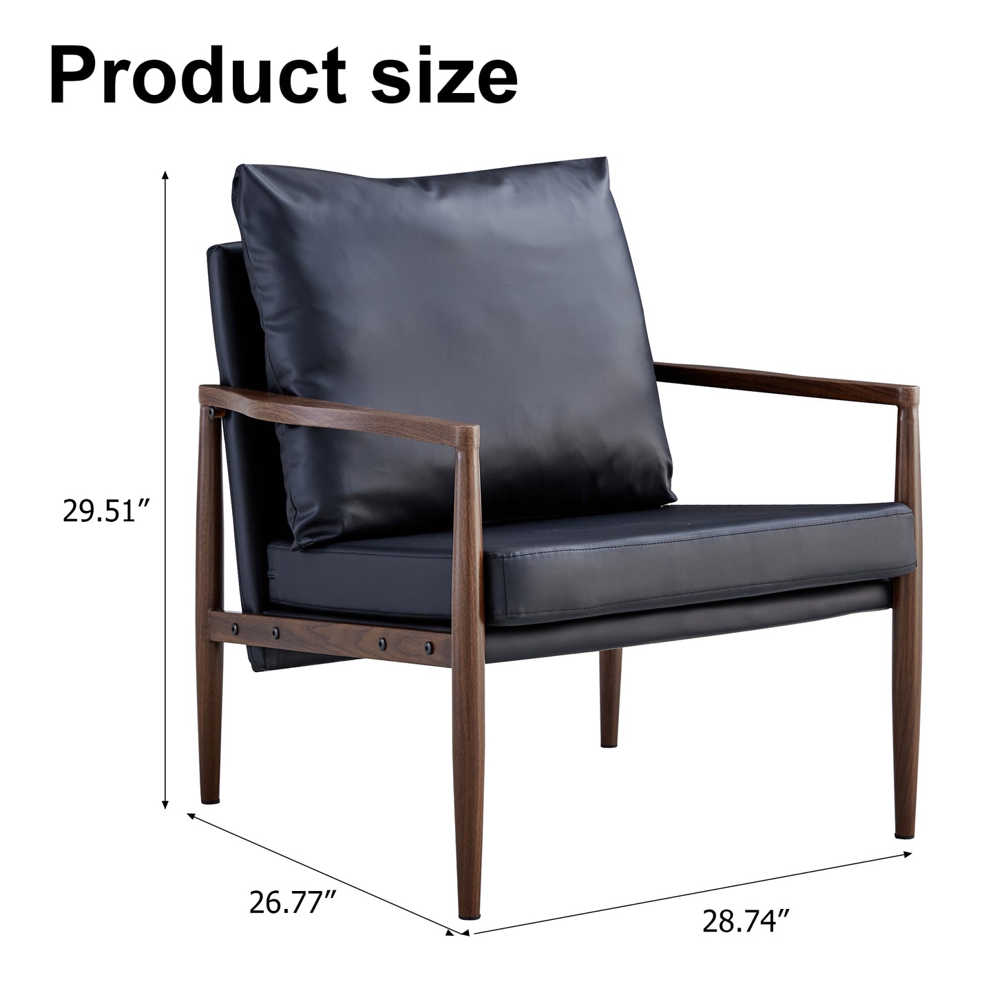 Sofa Chair.Black PU Leather Accent Arm Chair Mid Century Modern Upholstered Armchair with Imitation solid wood color Metal Frame Padded Backrest and Seat Cushion Sofa Chairs for Living Room