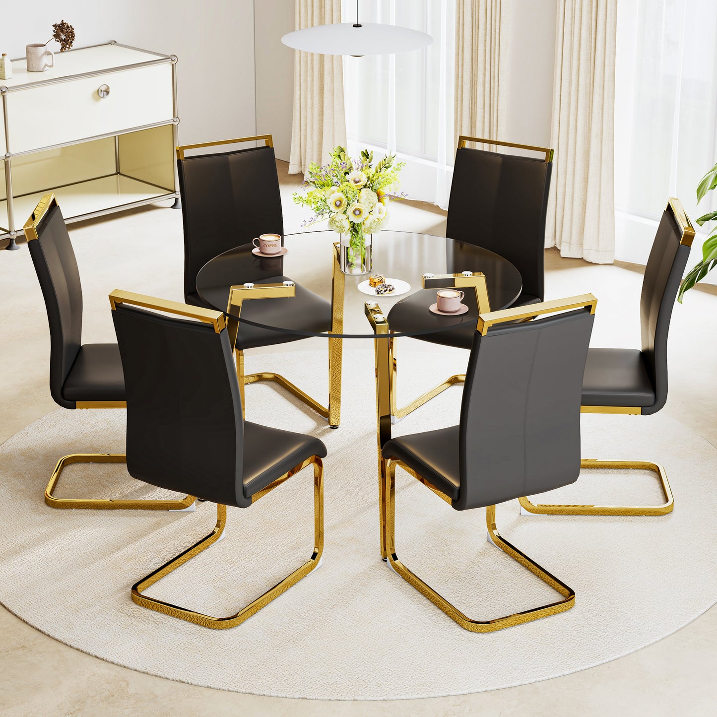 Table and chair set.Modern Luxurious Round Tempered Glass Dining Table Set-40*40 inch with 6 Black PU Chairs.C-tube Gold Metal Chair Legs.Bring a comfortable home experience to the kitchen, bedroom.