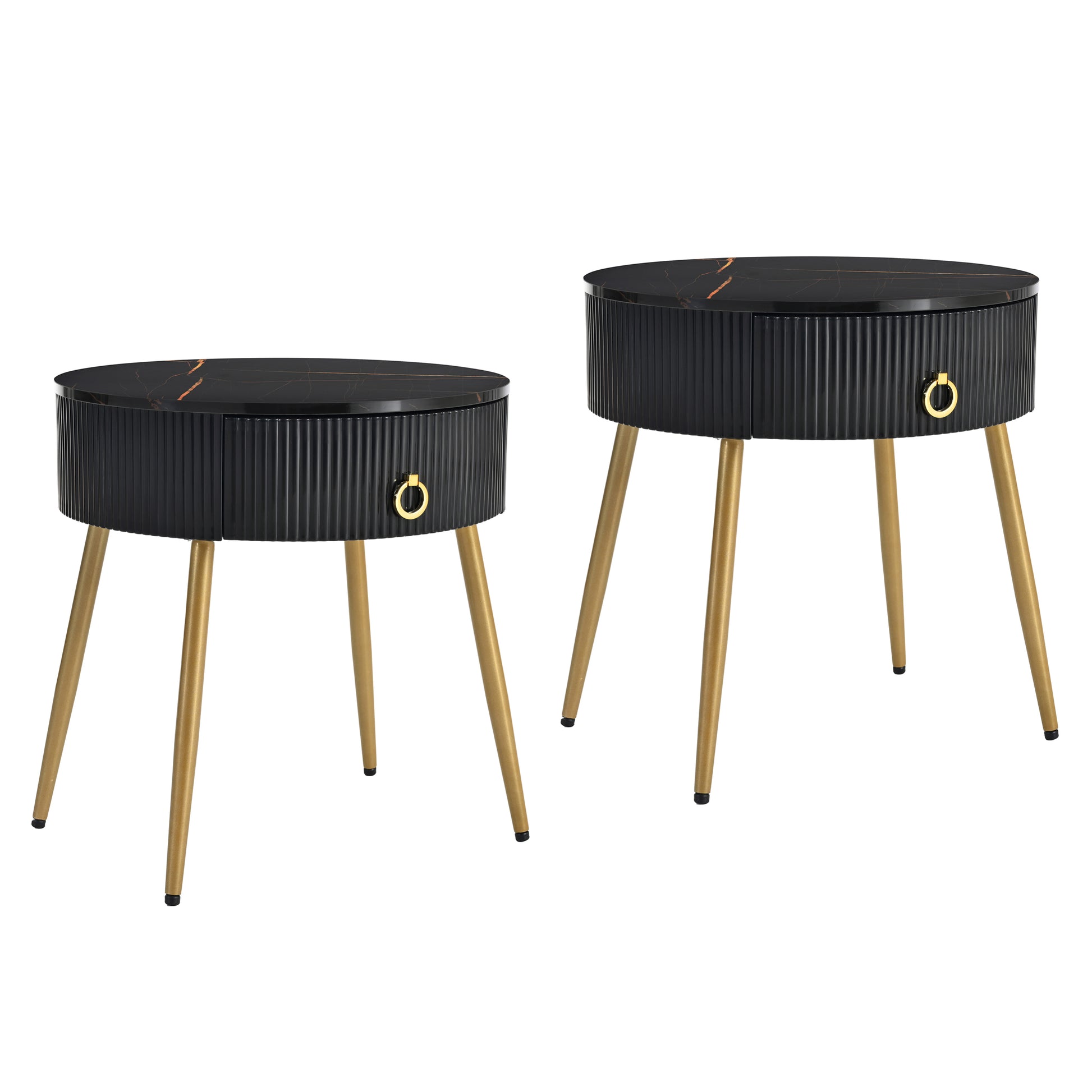 ON-TREND Φ19.6'' Easy Assembly End Tables with High Gloss Faux Marble Tabletops, Set of 2, Modern Fluted 2 Side Tables with Drawers, Round Coffee Tables with Golden Legs for Living Room, Black