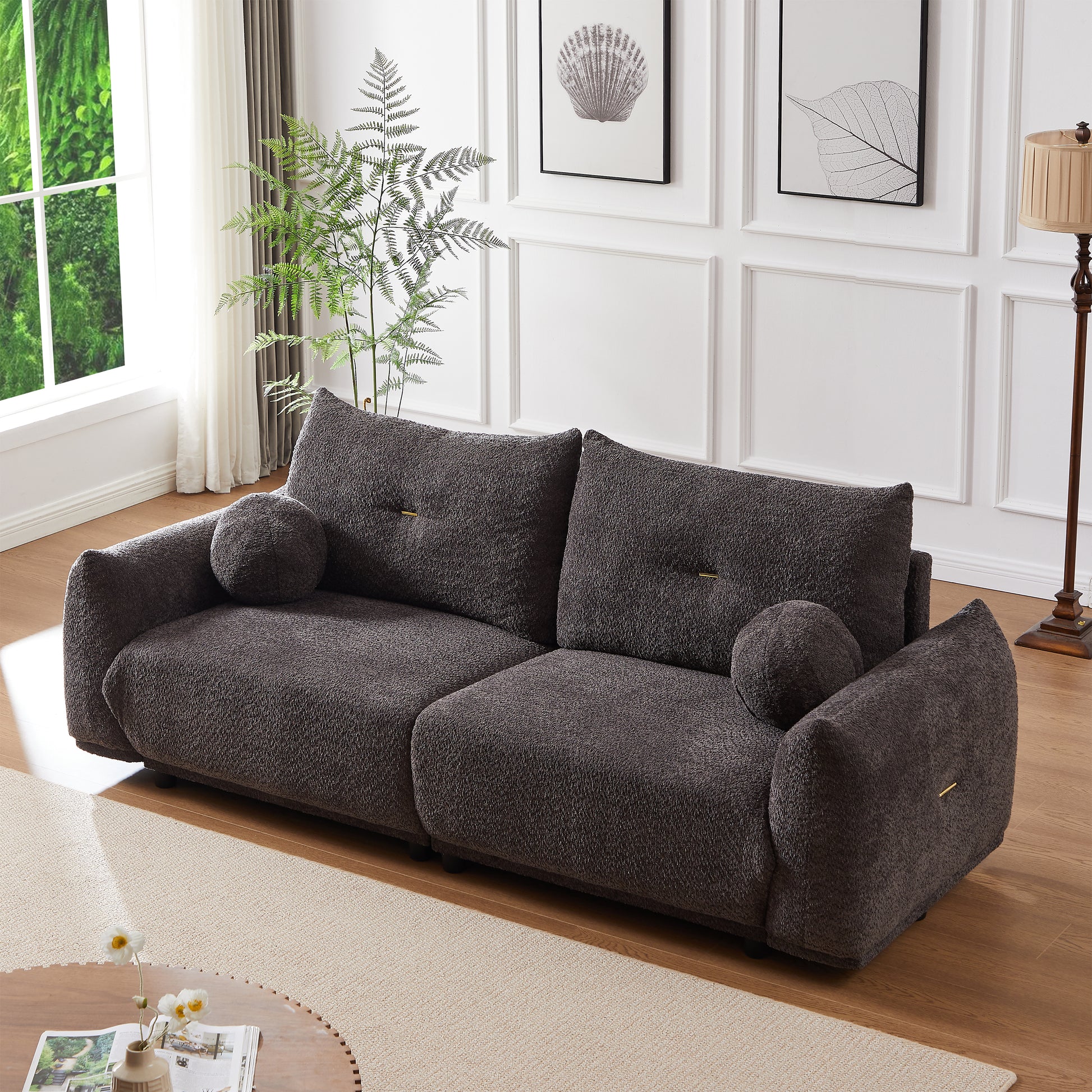 Lamb's wool 2-seater cushion sofa 90'' comfortable sofa for living room Bedroom and other casual spaces Lamb's wool sofa with 2 cushions and 2 ball pillows. (gray)