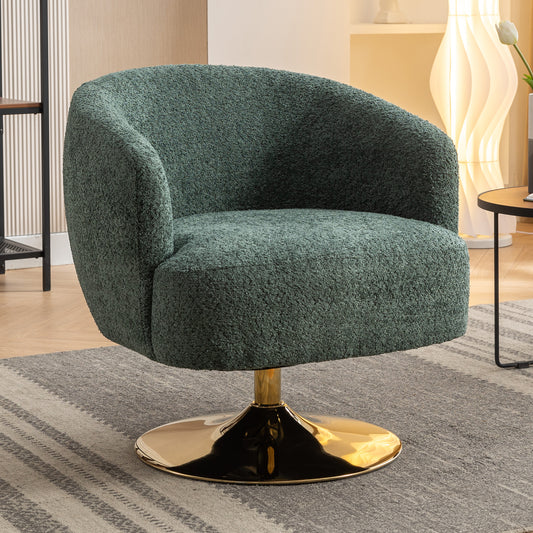 048-Chenille Fabric Accent Swivel Chair With Gold Metal Round Base,Green