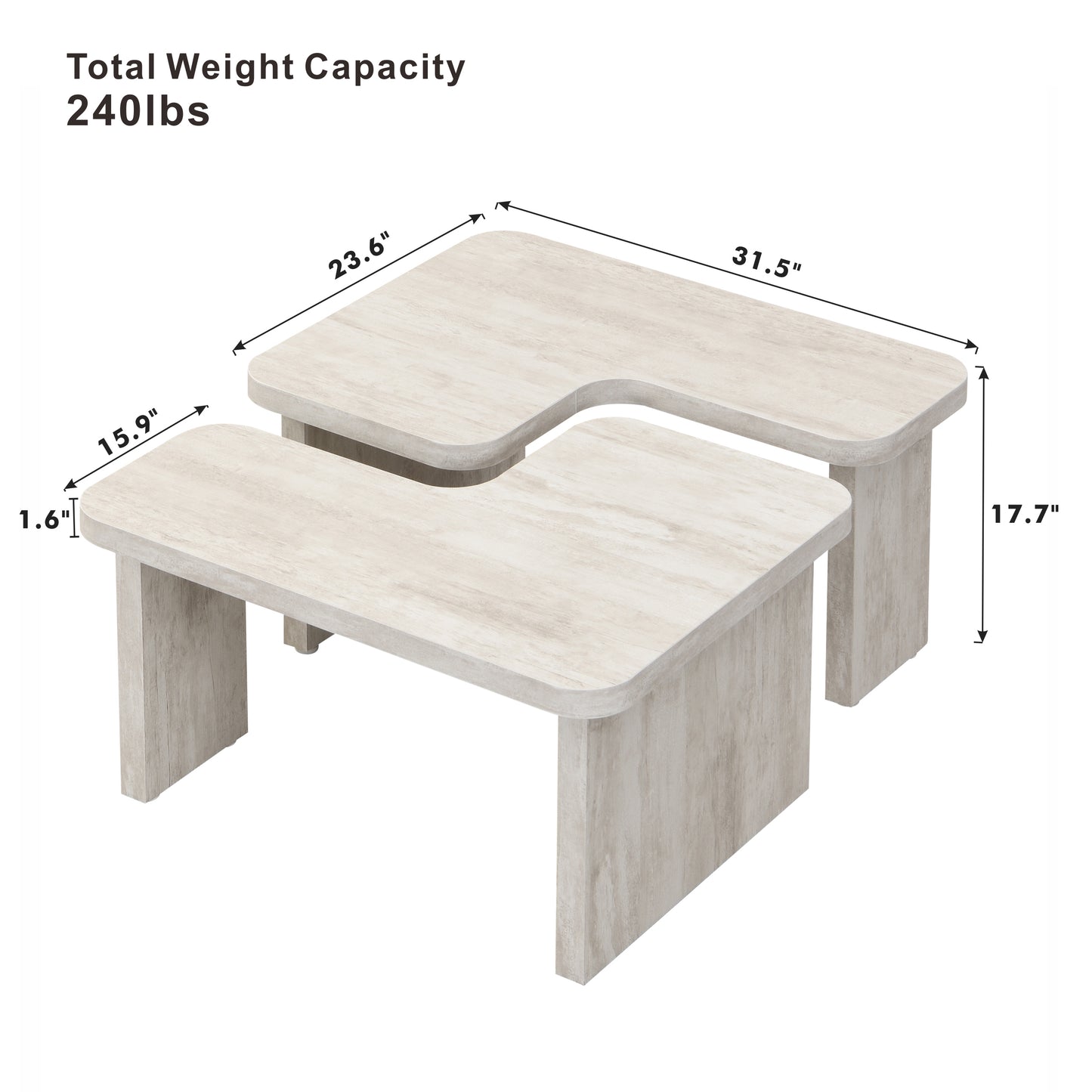 47.24*23.62 inch and 35.43*31.49 inch Rectangle Wood Detachable Coffee Table, Single L Shape Farmhouse Coffee Table for Dining Room, Garden, white