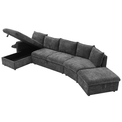 146.9" L-shaped Sofa Sectional Sofa Couch Pull-out Sofa Bed with a Movable Storage Ottoman, a Storage Chaise Lounge and Two USB Ports for Living Room, Grey