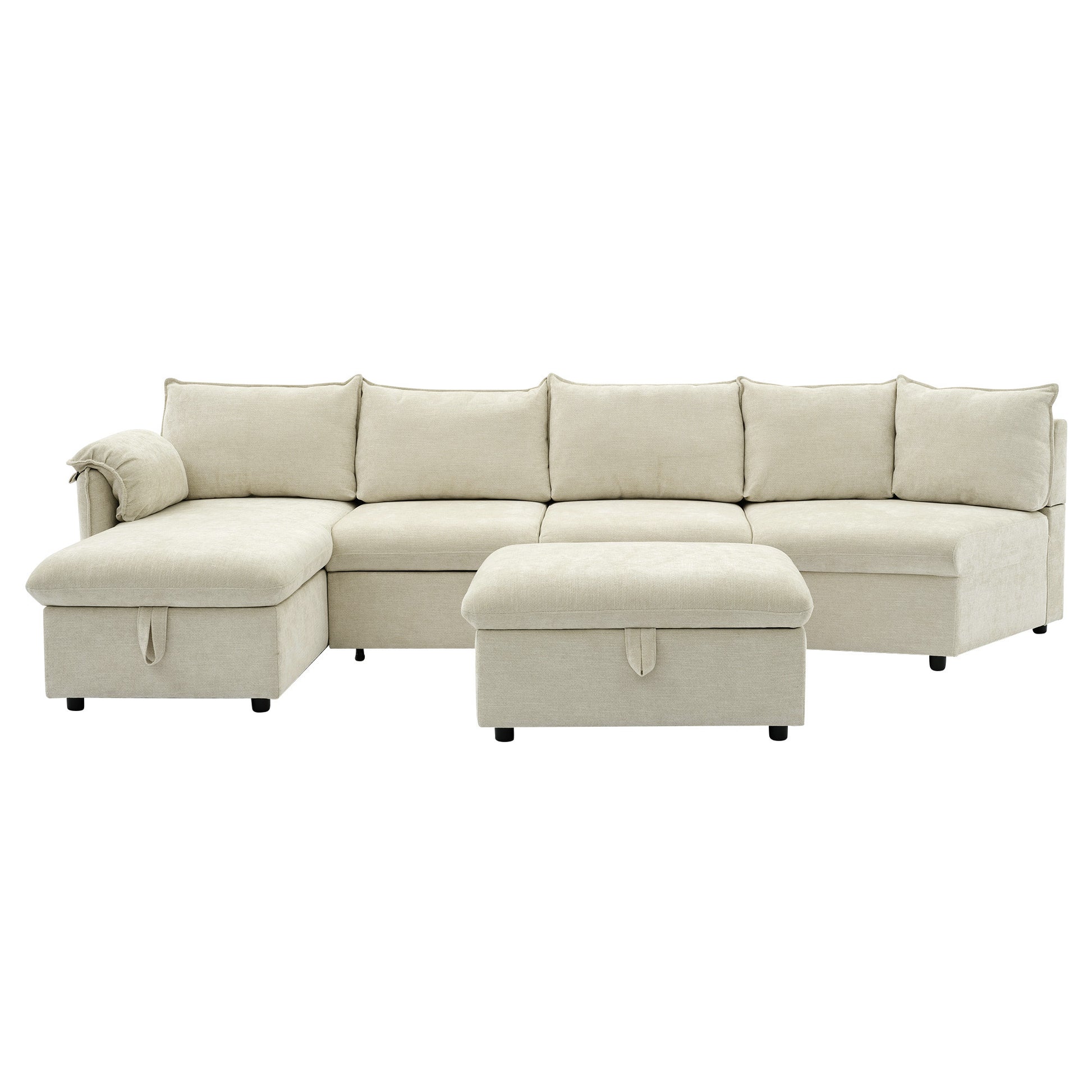 146.9" L-shaped Sofa Sectional Sofa Couch Pull-out Sofa Bed with a Movable Storage Ottoman, a Storage Chaise Lounge and Two USB Ports for Living Room, Beige