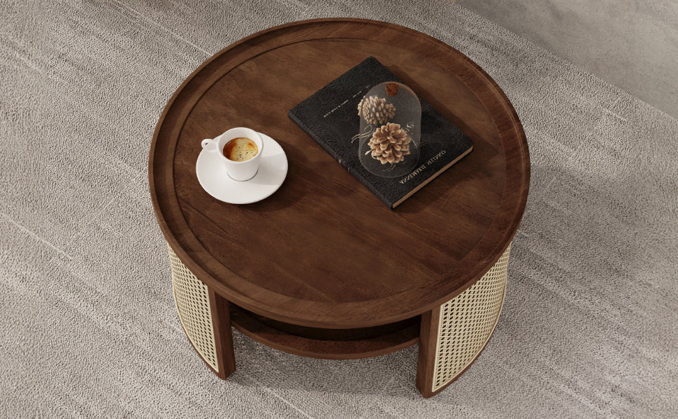 2-Tiered Round Walnut Wood Coffee Table with Storage Rattan Base in 31.3''