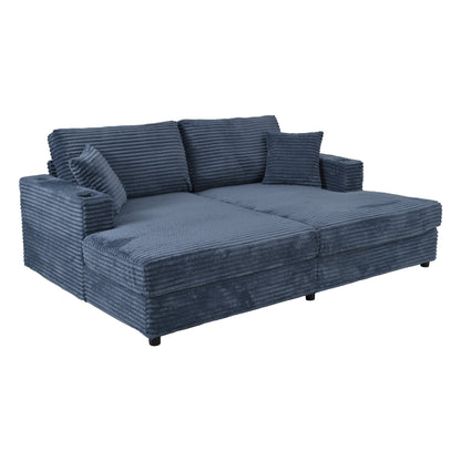 86.5" Oversized Loveseat Chaise Lounge Sectional Sofa Bed Corduroy Sleeper Sofa with Two USB Ports , Two Cup Holders and Two Throw Pillows for Living Room and Bedroom, Blue