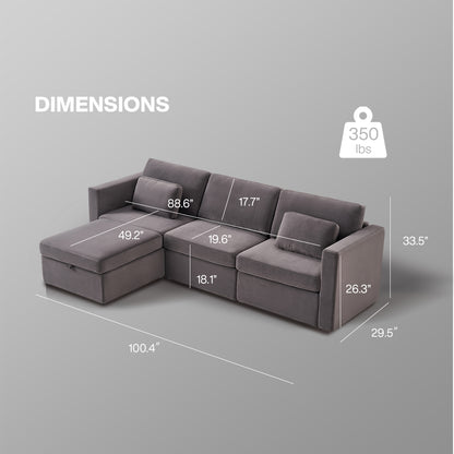 Modern Velvet Modular Sectional Sofa, L Shape Convertible Sofa Set with Pillows, Oversized Sectional Couches with Storage Ottomans for Living Room, Loft, Apartment, Office - Dark Gray 4 Seats