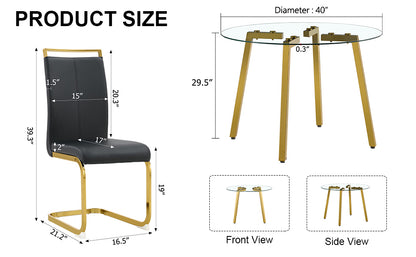 Table and chair set.Modern Luxurious Round Tempered Glass Dining Table Set-40*40 inch with 6 Black PU Chairs.C-tube Gold Metal Chair Legs.Bring a comfortable home experience to the kitchen, bedroom.