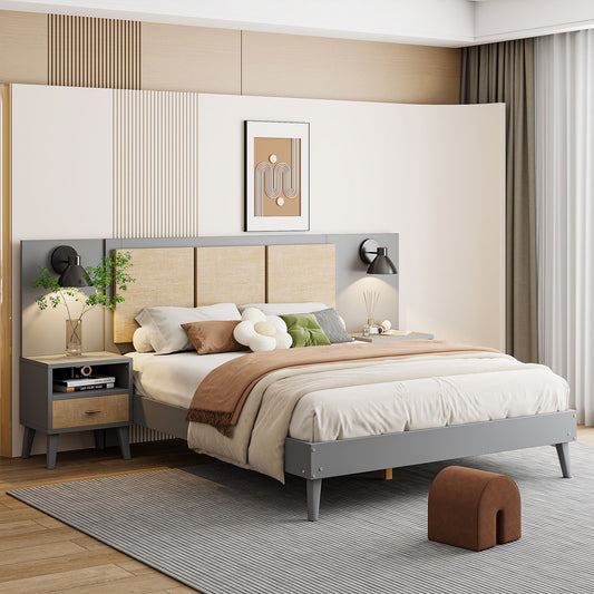 Queen Size Solid Wood Bed Frame with 2 Nightstands, Elegant Design with Lamps, Rattan and Wood Combination,Gray