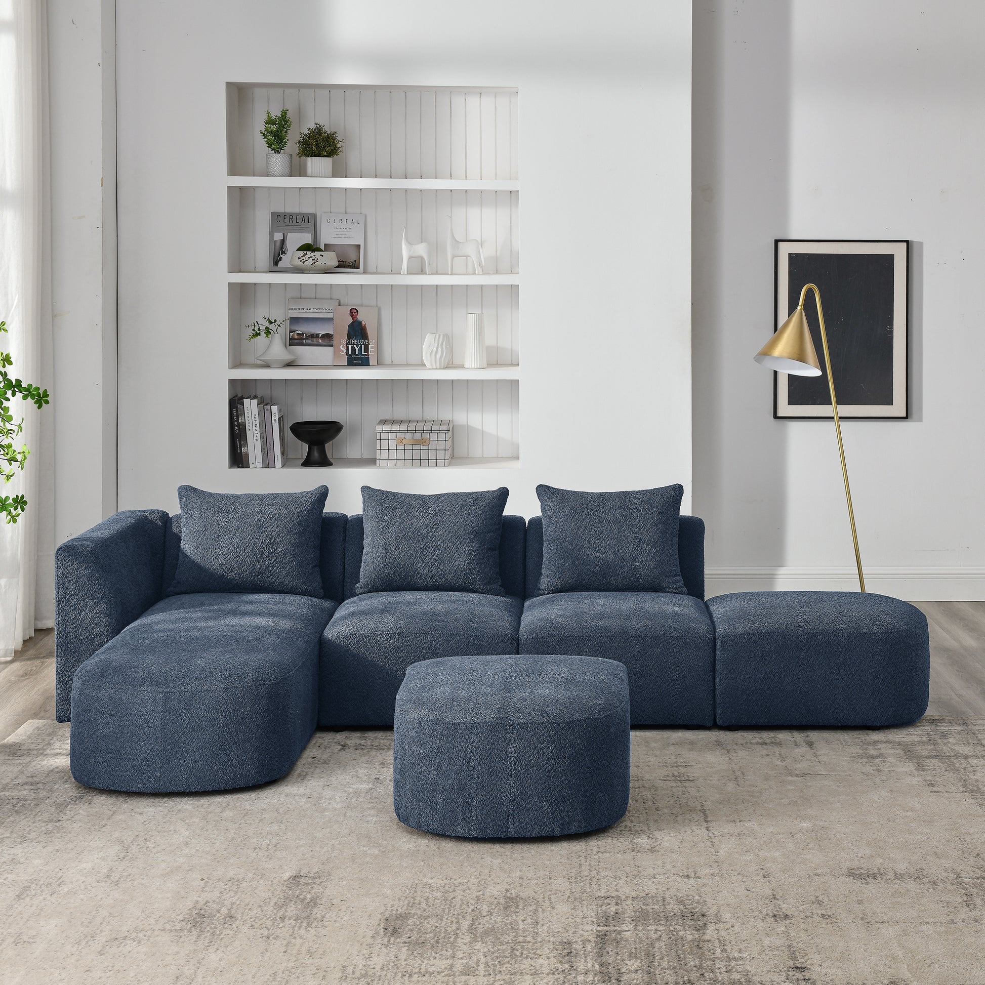 L Shape Sectional Sofa including Two Single Seats, Left Side Chaise and Two Ottomans, Modular Sofa, DIY Combination, Loop Yarn Fabric, Navy