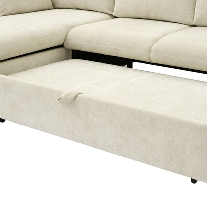 146.9" L-shaped Sofa Sectional Sofa Couch Pull-out Sofa Bed with a Movable Storage Ottoman, a Storage Chaise Lounge and Two USB Ports for Living Room, Beige