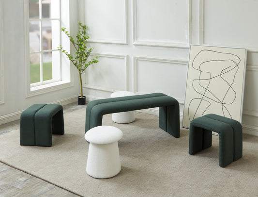 Ottoman Bench Set, Modern Upholstered Bench Including Four Benches for Bedroom, Living Room, Hallway, Deep Green U-Shape Ottoman & White Mushroom-like Ottoman.