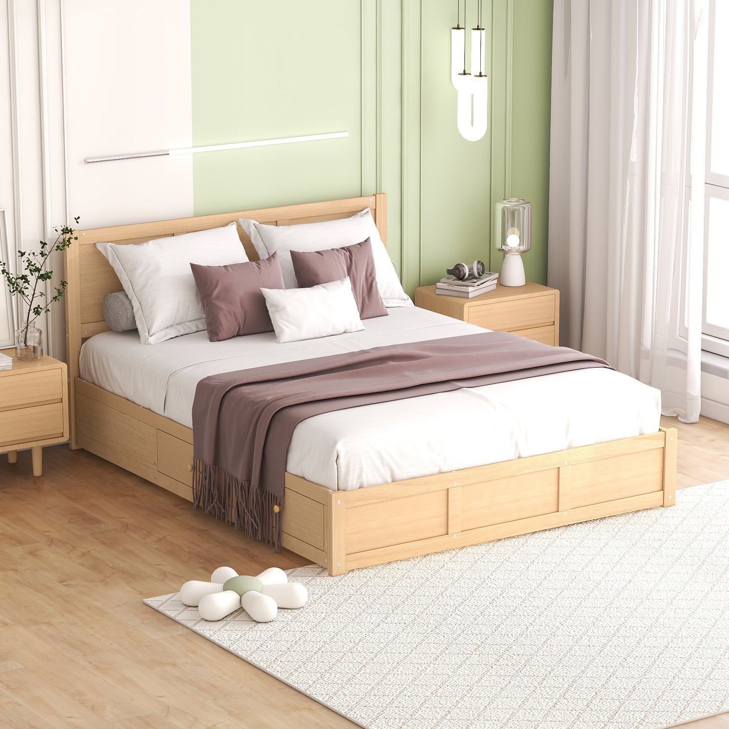 Queen Size Wood Platform Bed with Underneath Storage and 2 Drawers, Wood Color