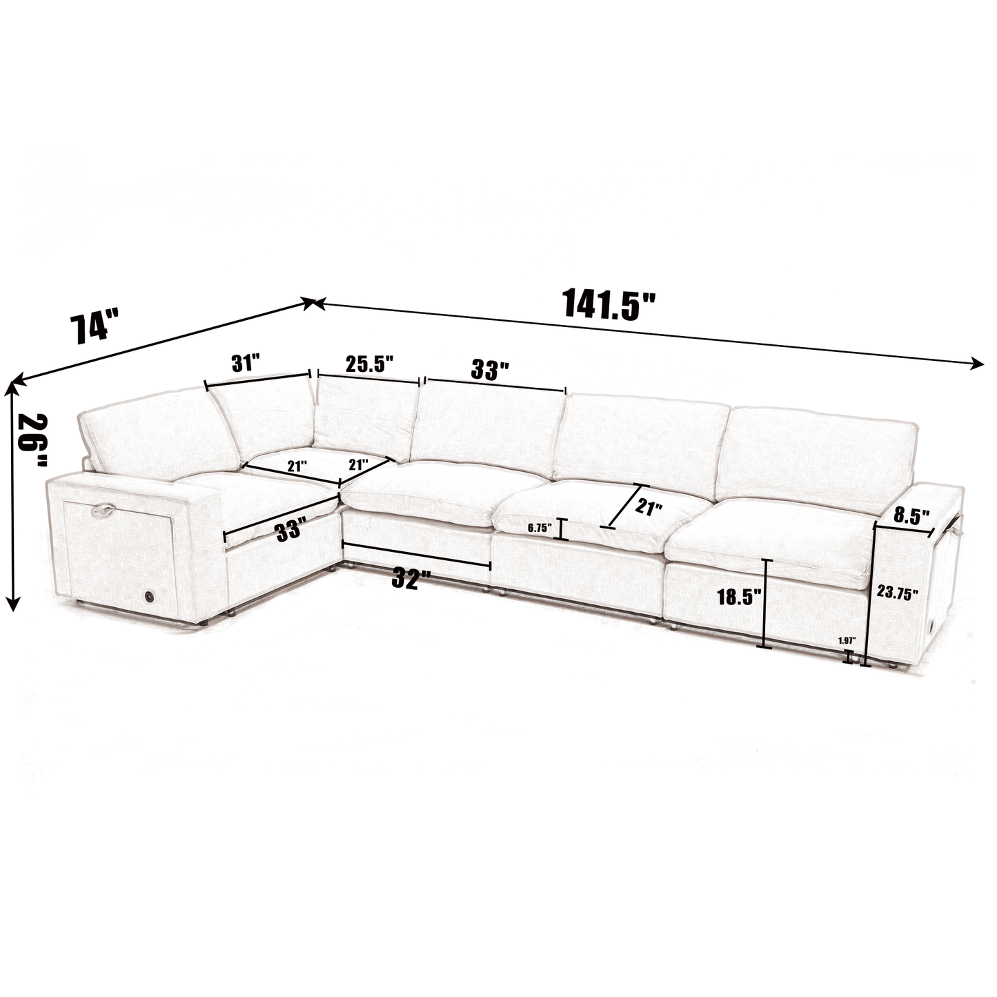 [NEW ARRIVED] [VIDEO PROVIDED]Sectional Couches For Living Room,Modular Couch,Wireless Charging Port & Cup Holders,5-seat ,DIY Combination,L-shaped Sofa,Book Storage Space,Soft Linen Fabric,Gray