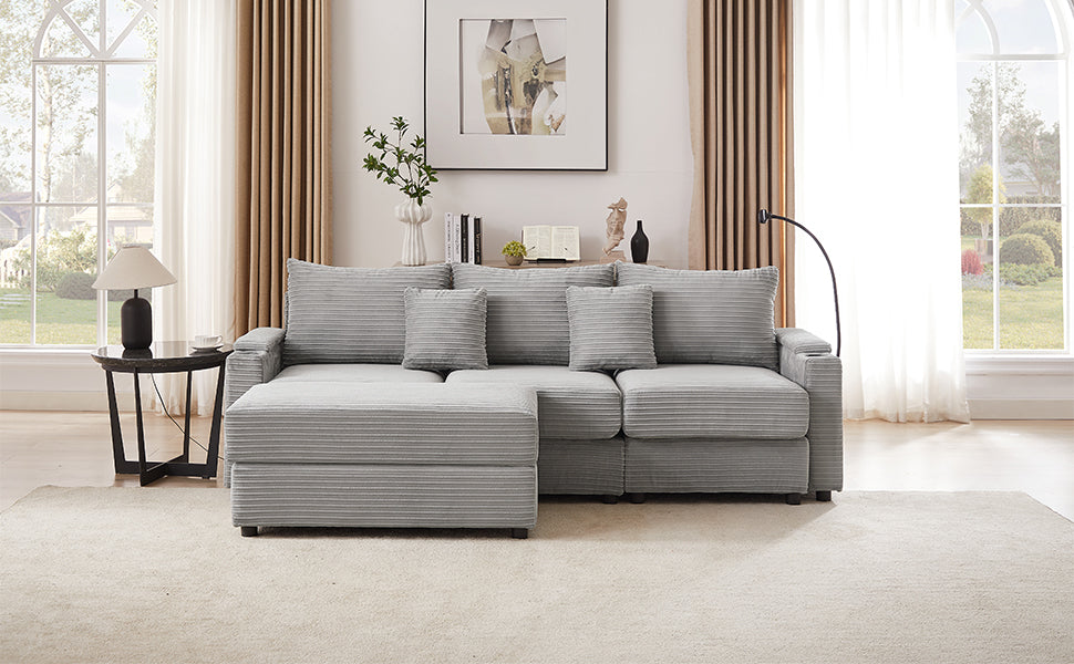 95.3" Modern Style 3-Seater Sofa Sectional Sofa Couch with Storage Space, A Movable Ottoman, Two USB Ports, Two Cup Holders, A Phone Holder for Living Room, Grey