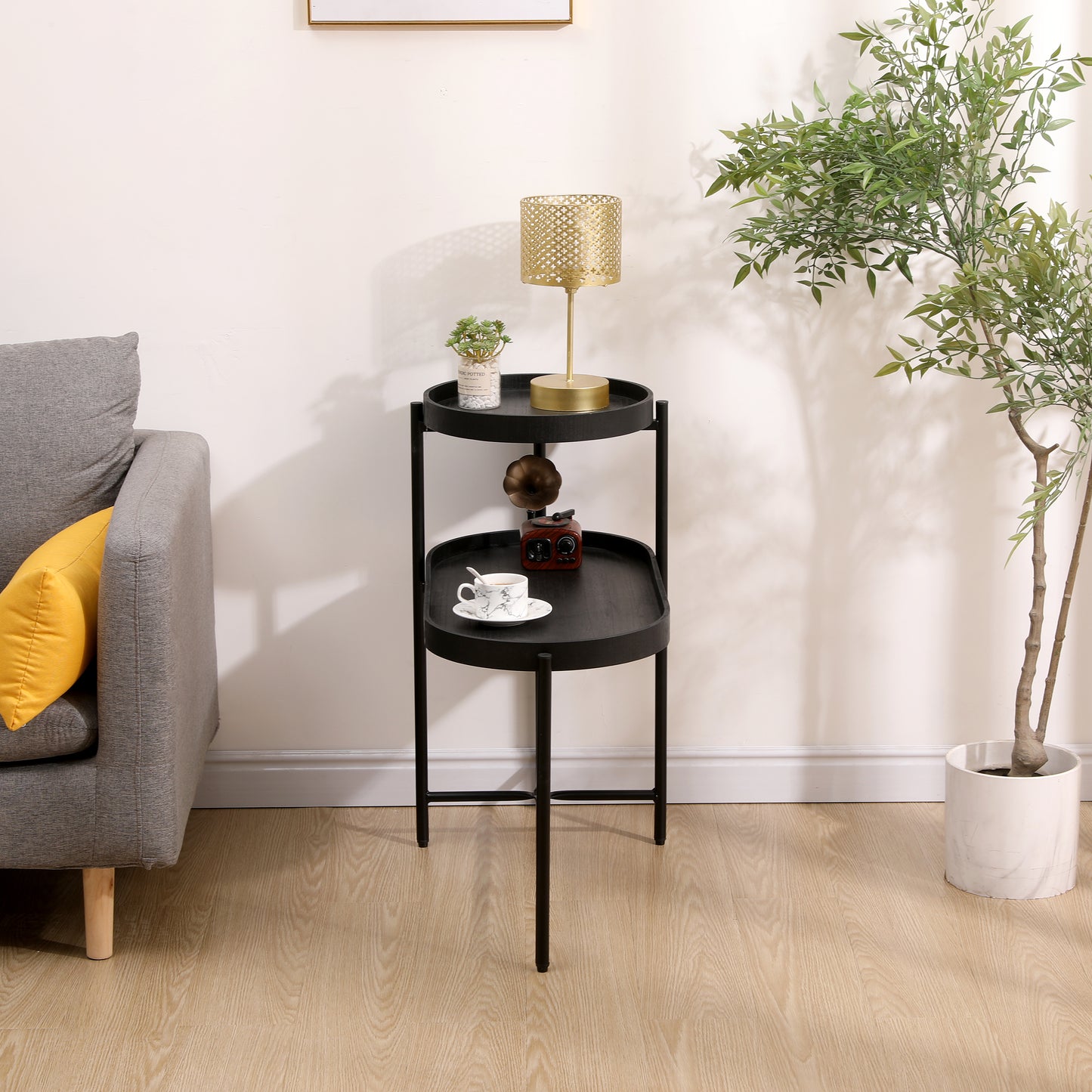 2-Tier Black Side Table with Storage Sofa Table for Living Room Metal Frame & Wooden Desk End Table