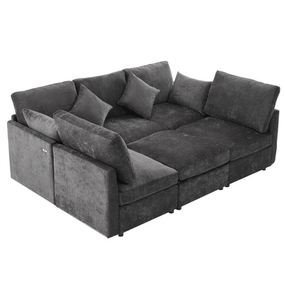 85.4" Sectional Sofa Modular Sofa U-shaped Sofa Couch Sofa Bed L-shaped Sofa with a Movable Ottoman and Two USB Ports for Living Room, Black