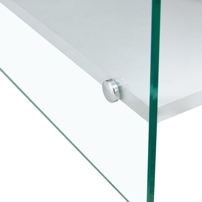 Bedside table with drawers. The board surface is MDF sticker, and both sides are transparent tempered glass. The design is simple and elegant, with excellent storage functions.