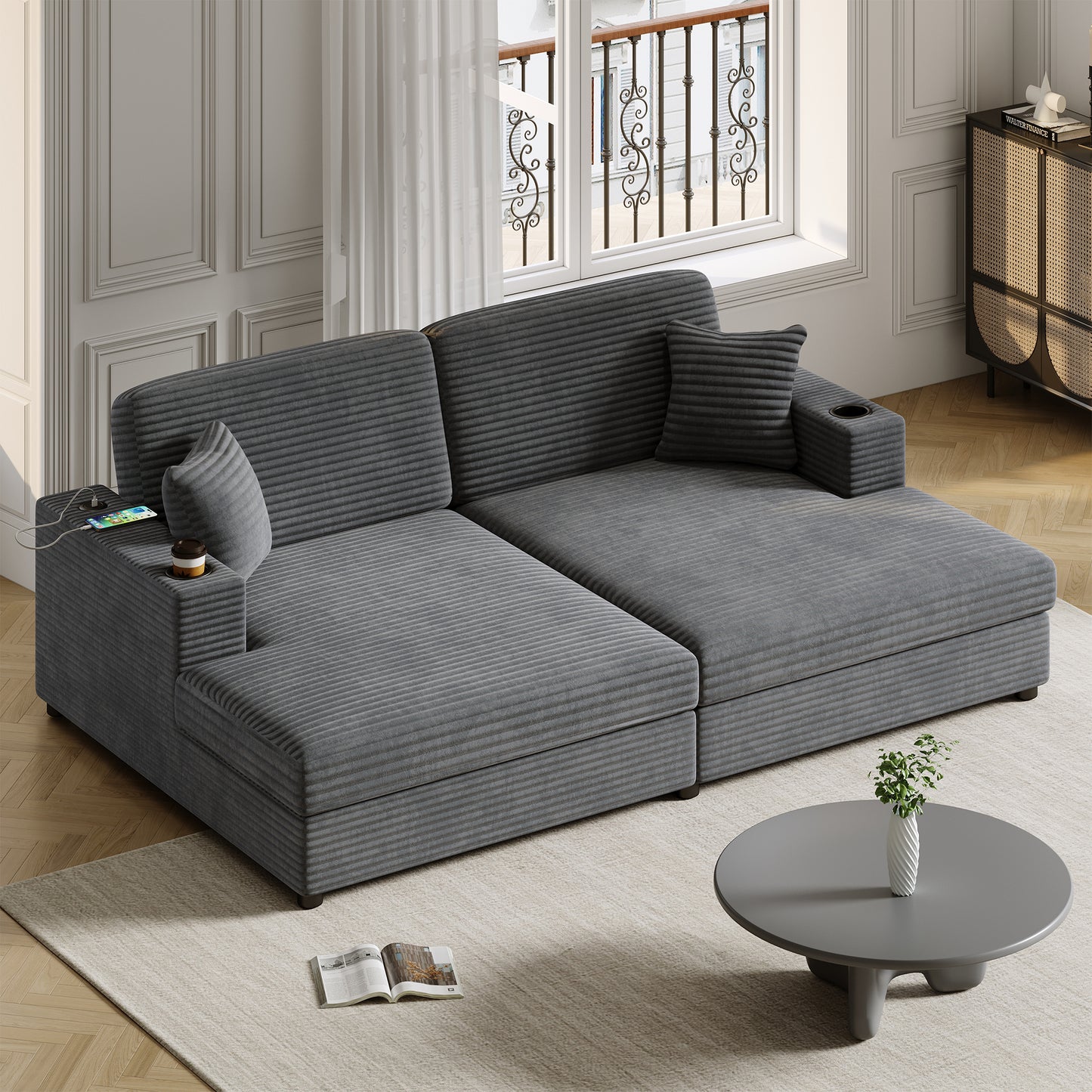 86.5" Oversized Loveseat Chaise Lounge Sectional Sofa Bed Corduroy Sleeper Sofa with Two USB Ports , Two Cup Holders and Two Throw Pillows for Living Room and Bedroom, Dark Gray