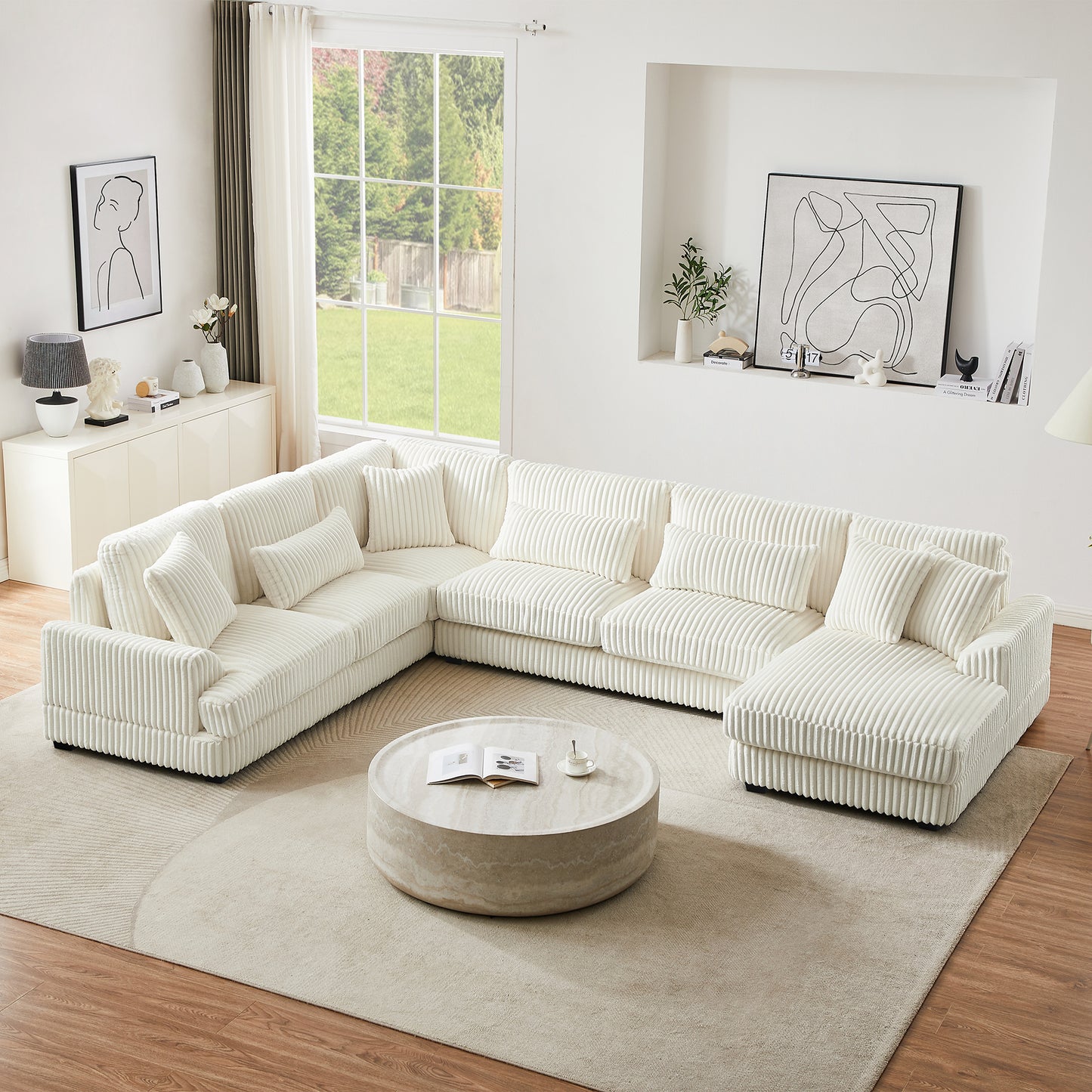 129" Oversized Sectional Sofa U-shaped Sofa Couch Modern Sofa Upholstered in Soft Corduroy with a Chaise Lounge for Living Room, Beige