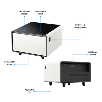 Modern Smart Side Table with Built-in Fridge, Wireless Charging, Temperature Control, Power Socket, USB Ports, Outlet Protection, Induction Light, White