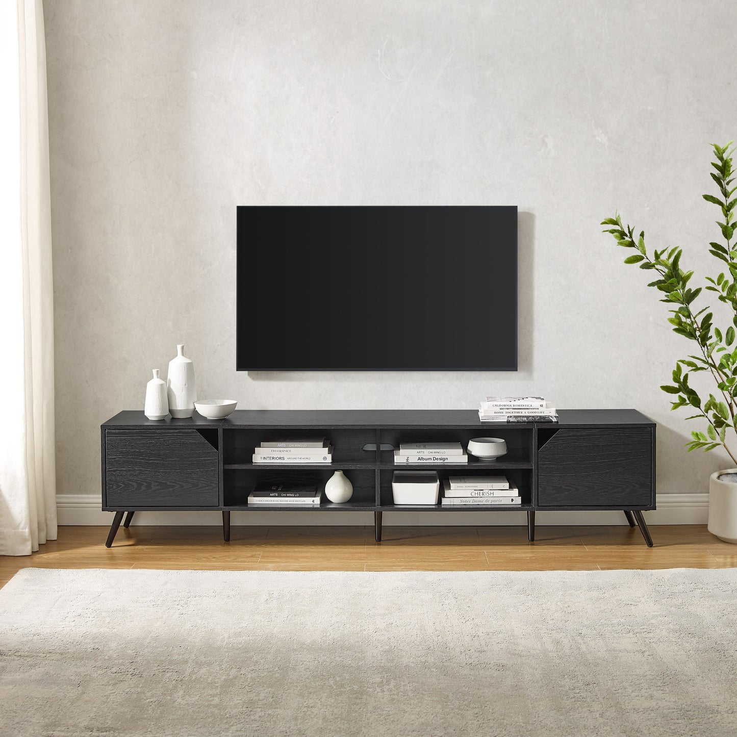 Contemporary 2-Door Minimalist TV Stand for TVs up to 90 inches – Black