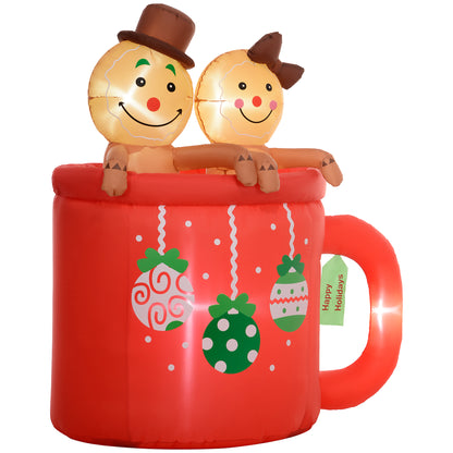 Outsunny 6FT Christmas Inflatable Couple Gingerbread Man in Hot Cocoa Mug, Giant Christmas Inflatables, Huge Blow Up Christmas Decorations with LED Lights for Indoor, Outdoor, Yard, Party