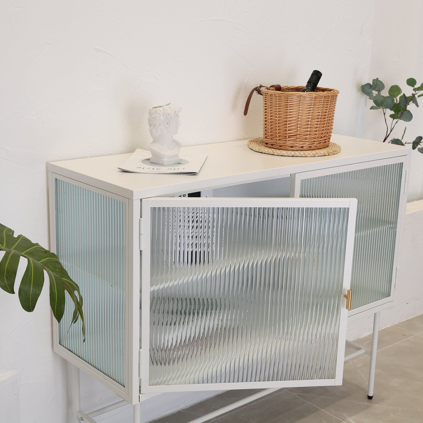 White Sideboard Storage Cabinet With Two Fluted Glass Doors Detachable Shelves Bottom Space for Living Room, Office, Dinging Room and Entryway