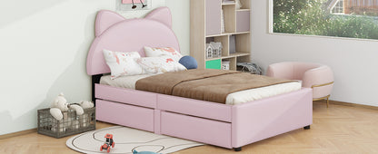 Twin Size Upholstered Platform Bed with Cartoon Ears Shaped Headboard and 2 Drawers, Pink