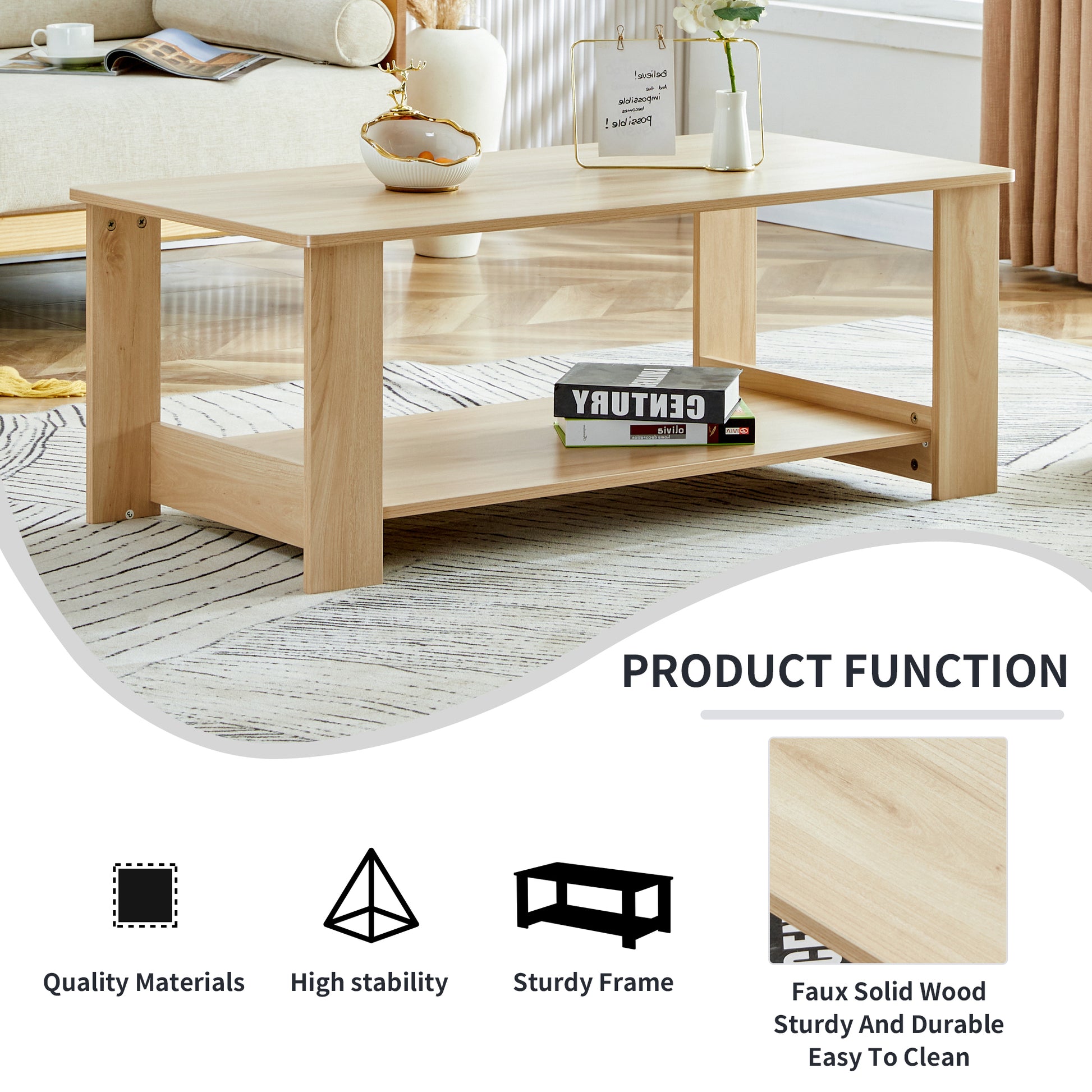 A modern and practical log colored textured coffee table,tea table. The double-layer coffee table is made of MDF material. Suitable for living room 43.3"*21.6"*16.5"