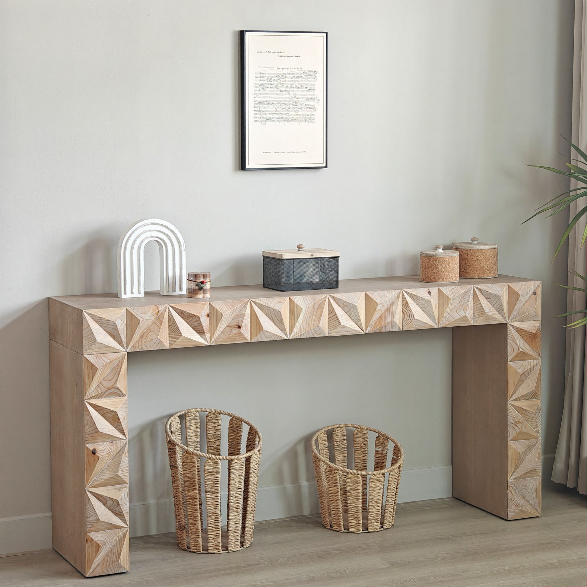 Modern Geometric Wooden Console Table – Natural Wood Finish with Handcrafted 3D Design