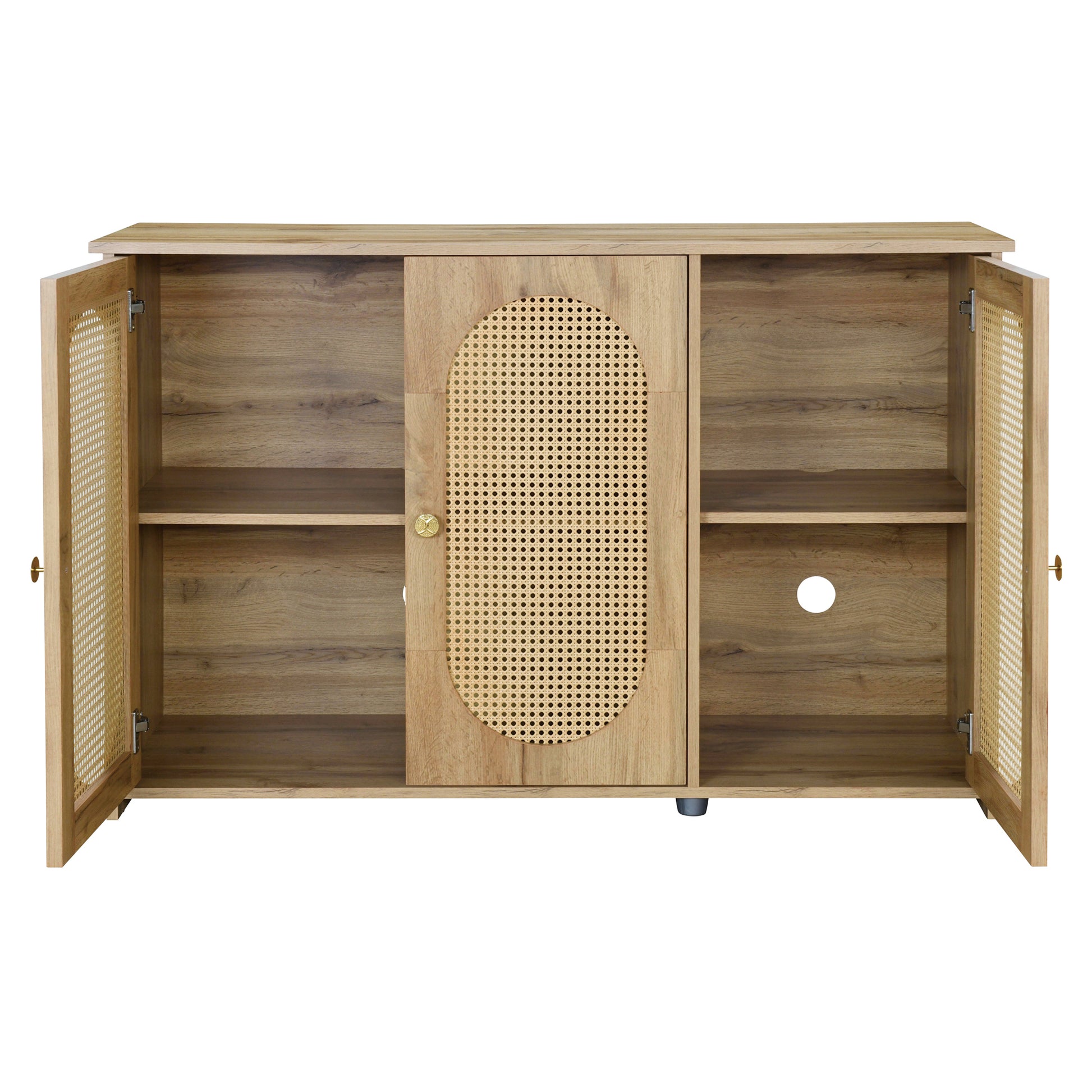 TREXM Retro 3-Door Sideboard with Large Storage Space Artificial Rattan Doors and Metal Handles, Accent Cabinet for Living Room and Hallway (Natural Wood)