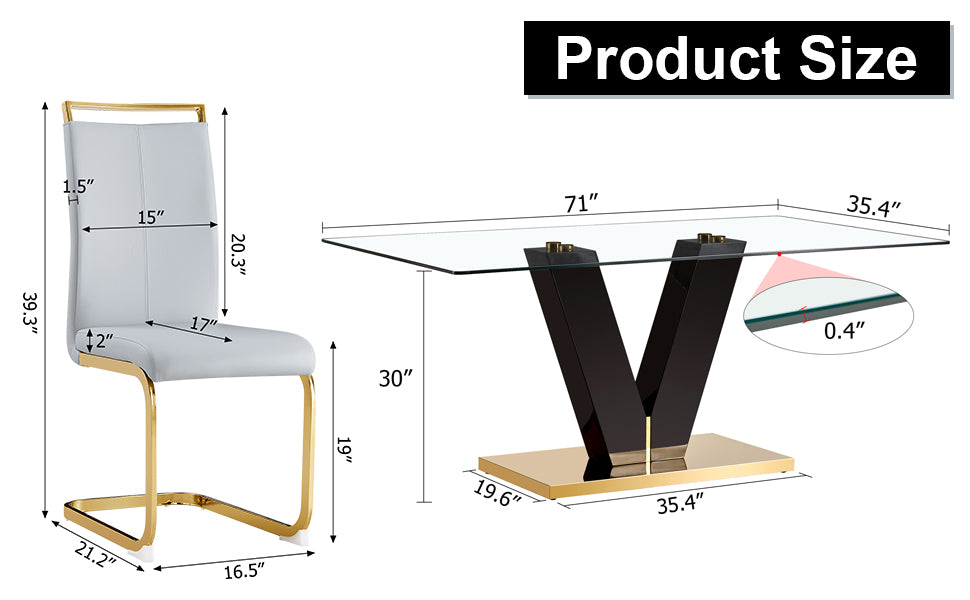 Table and chair set.Subtle Luxury Clear Tempered Glass Dining Set - 71"x35.4" with 6 Light Gray PU Chairs.C-tube Gold Metal Chair Legs.Bring a comfortable home experience to the kitchen, bedroom.
