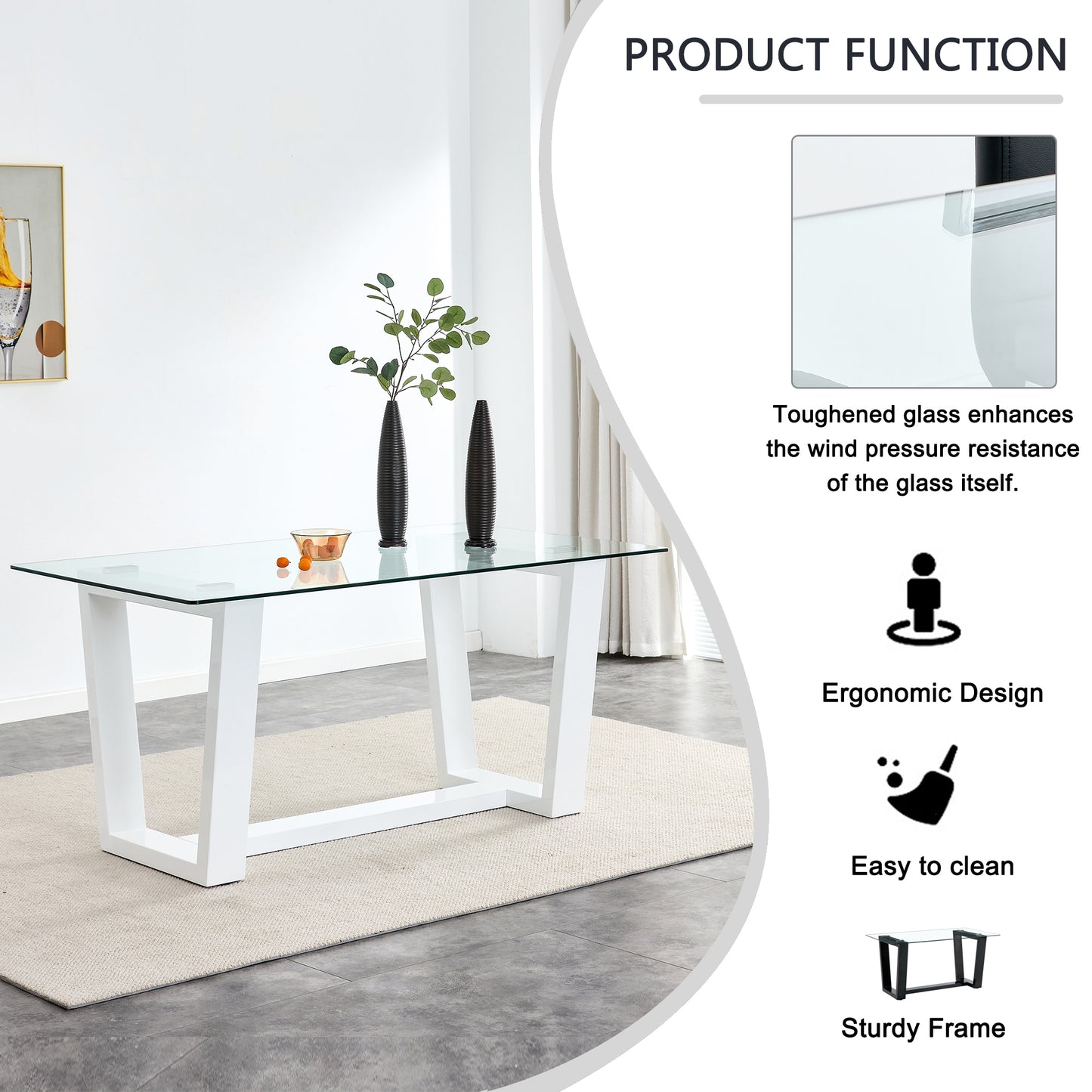 Glass Dining Table Large Modern Minimalist Rectangular for 6-8 with 0.4" Tempered Glass Tabletop and white MDF Trapezoid Bracket,For Kitchen Dining Living Meeting Room Banquet Hall F-1550 W1151S00323