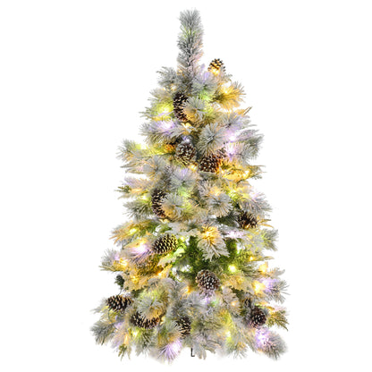 4FT Pre-Lit Spruce Snow Flocked Christmas Tree with Pine Cones, Artificial Xmas Tree with 170 Branch Tips,Mixed PE & PVC Branches, 120 Multi-Color LED Lights, 11 Flashing Modes, Holiday  Décor