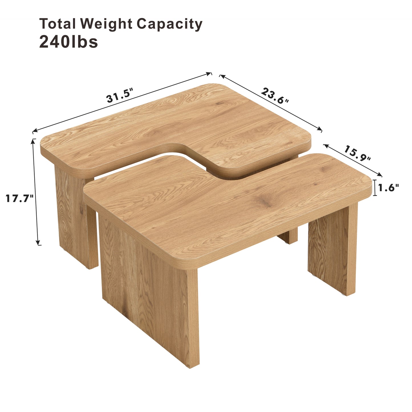 47.24*23.62 inch and 35.43*31.49 inch Rectangle Wood Detachable Coffee Table, Single L Shape Farmhouse Coffee Table for Dining Room, Garden, oak