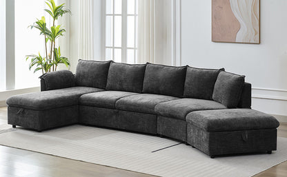 146.9" L-shaped Sofa Sectional Sofa Couch Pull-out Sofa Bed with a Movable Storage Ottoman, a Storage Chaise Lounge and Two USB Ports for Living Room, Grey