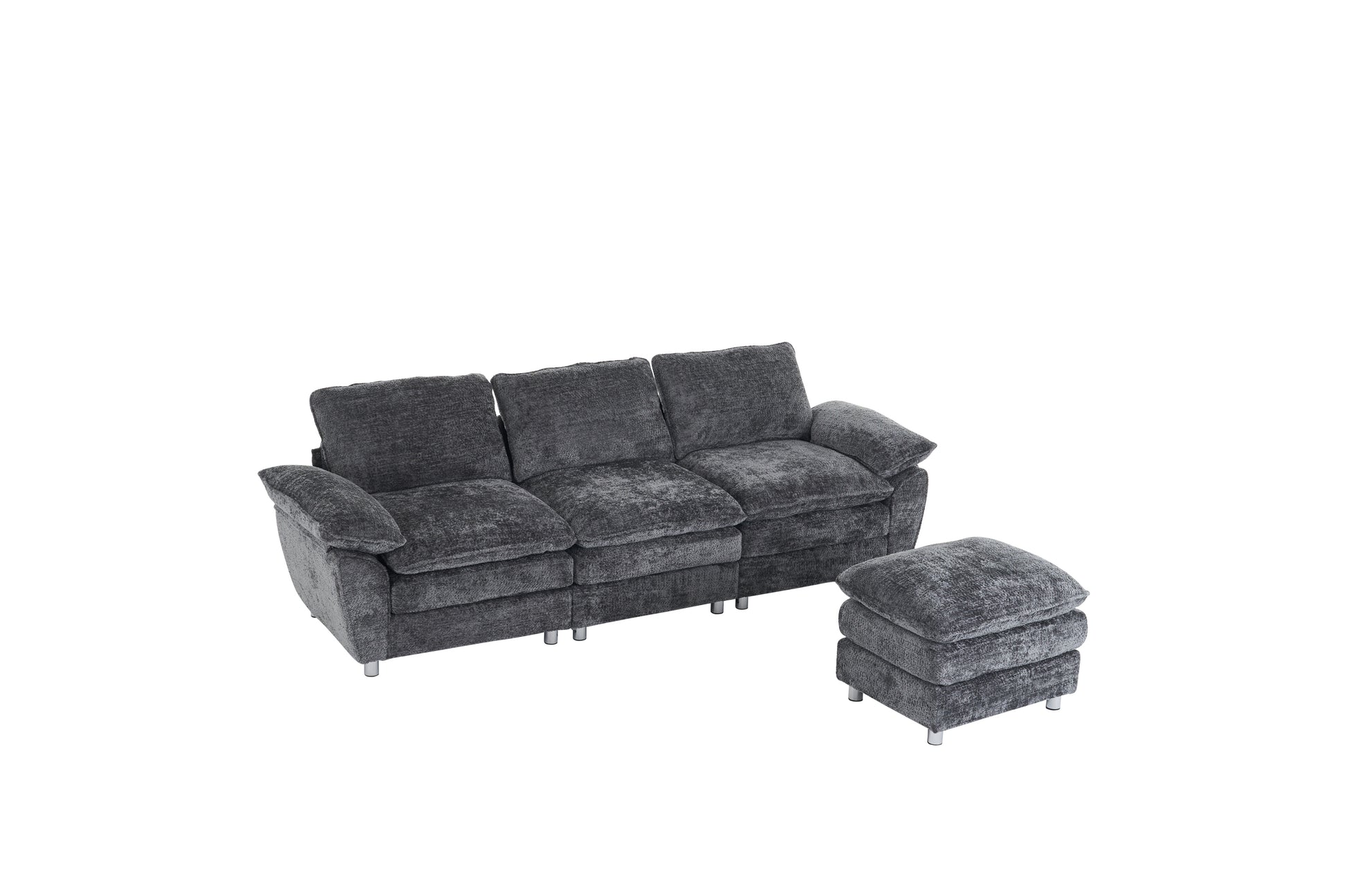 Modern Deep 3-Seat Sofa Couch with Ottoman, Polyester Sofa Sleeper Comfy Upholstered Furniture for Living Room, Apartment, Studio, Office,Dark Grey