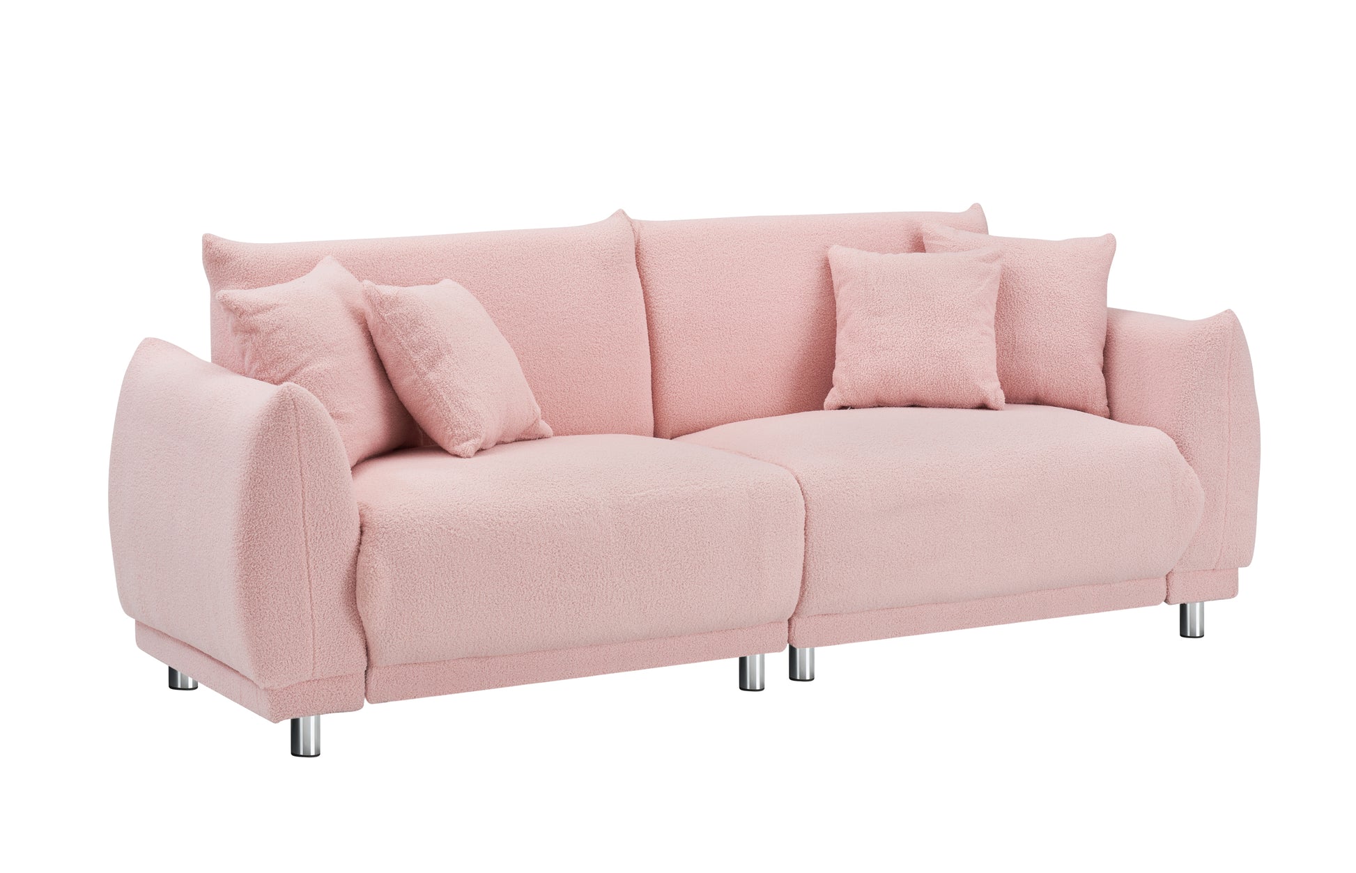 The 86.6 inch teddy fleece pink sofa with four throw pillows and hardware feet can sit comfortably in an apartment bedroom without taking up space