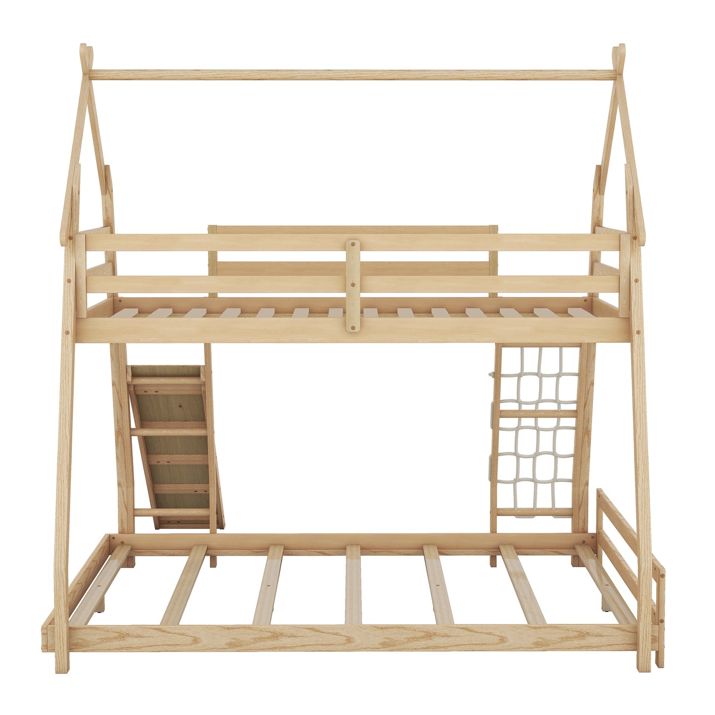 Twin over Queen House Bunk Bed with Climbing Nets and Climbing Ramp, Natural