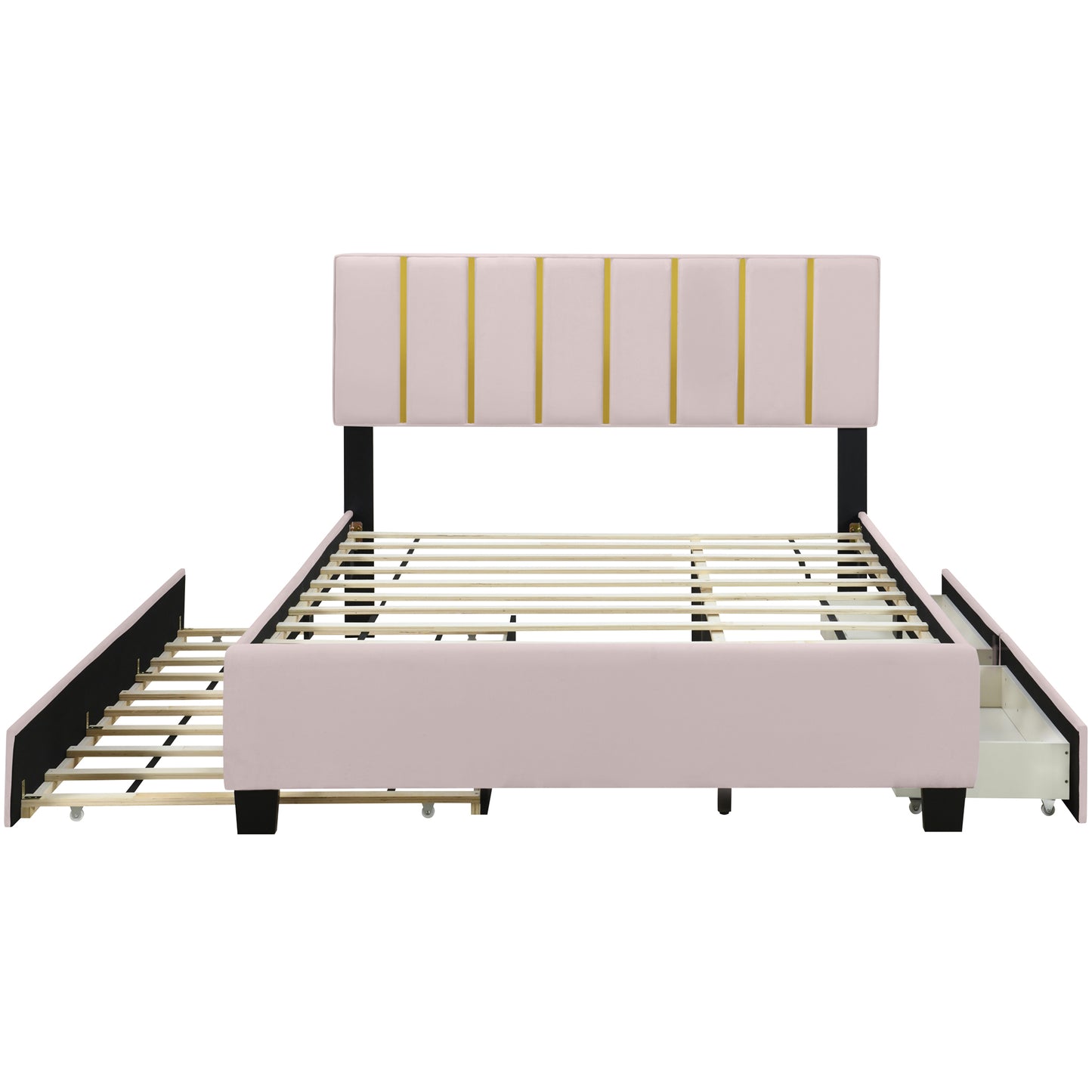 Queen Size Upholstered Platform Bed with 2 Drawers and 1  Trundle, Classic Metal Strip Headboard Design, Pink