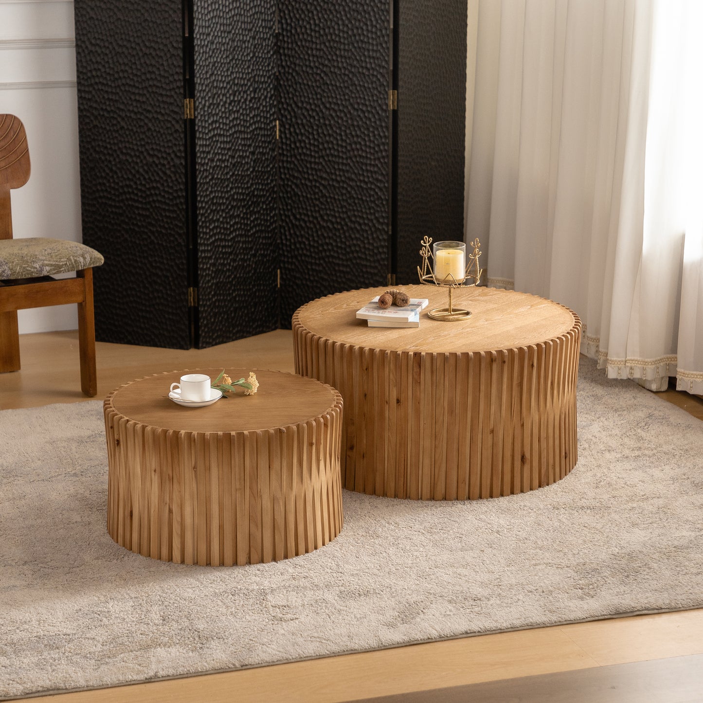 Vintage Fashion Style Cylindrical Nesting Coffee Table Set with Vertical Textured Embossed Design for Living Room, Office and Dining Room, Natural (Set of 2)