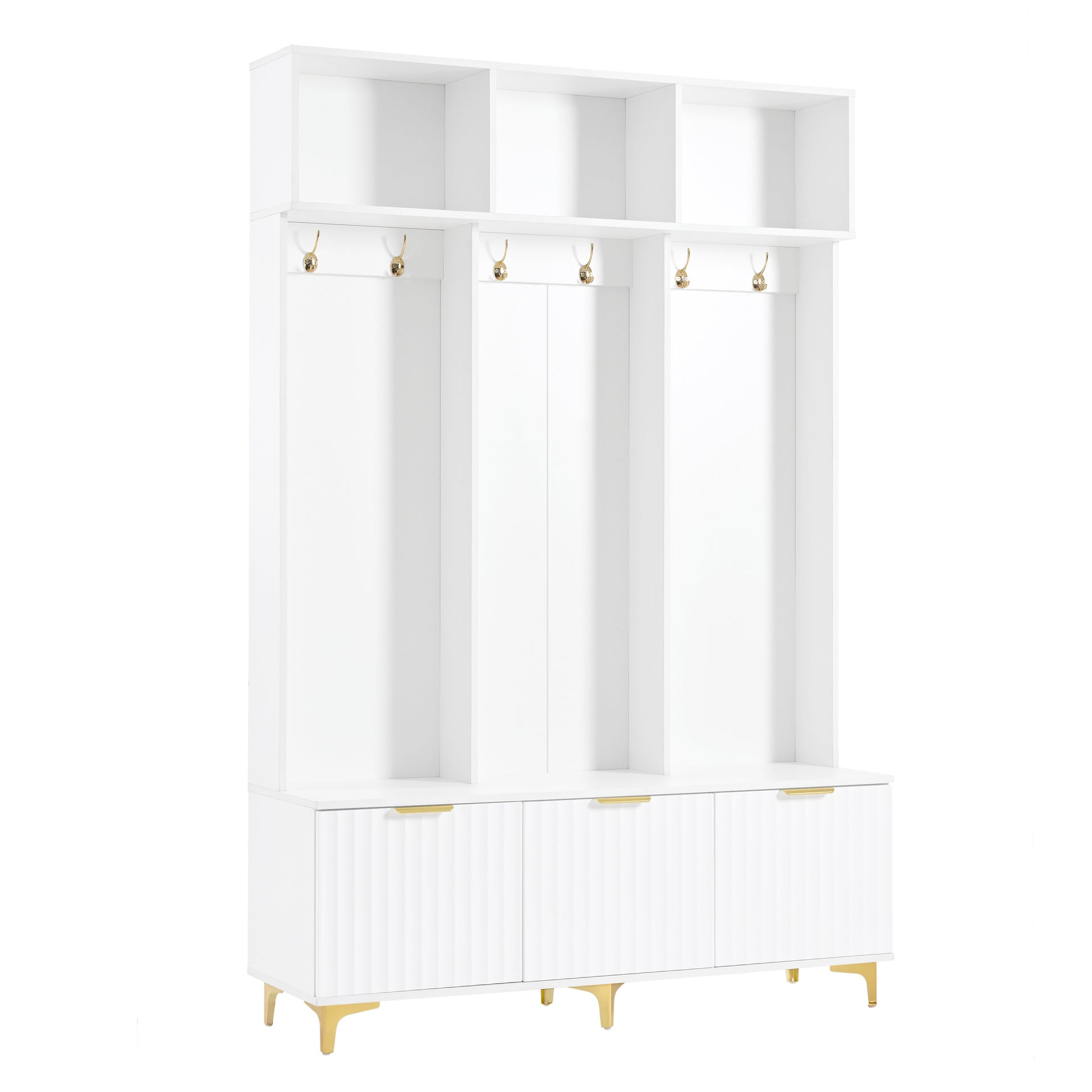 ON-TREND Modern Large Storage Hall Tree with Bench, Multi-functional Storage Bench with High Gloss Fluted Doors, Luxurious Coat Rack with 6 Gold Hooks and Legs for Entryway, Living Room, White