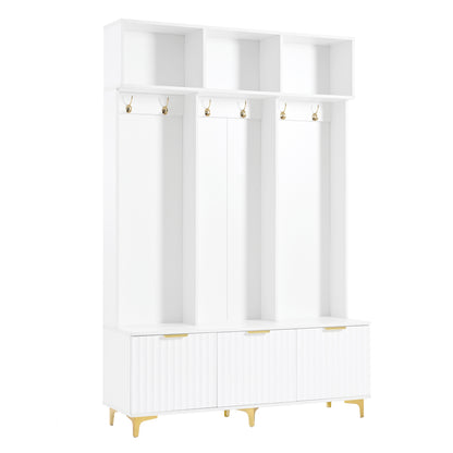 ON-TREND Modern Large Storage Hall Tree with Bench, Multi-functional Storage Bench with High Gloss Fluted Doors, Luxurious Coat Rack with 6 Gold Hooks and Legs for Entryway, Living Room, White