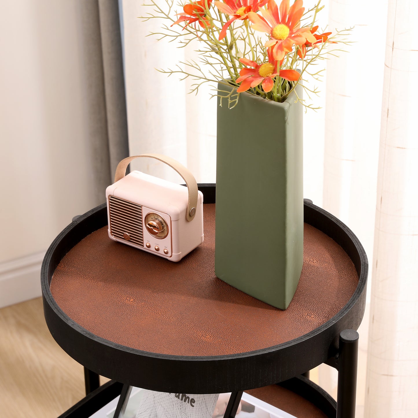 Modern 2-Tier Brown Side Table for Living Room Black Metal Frame with Wood & PU Tray End Tables for Sofa