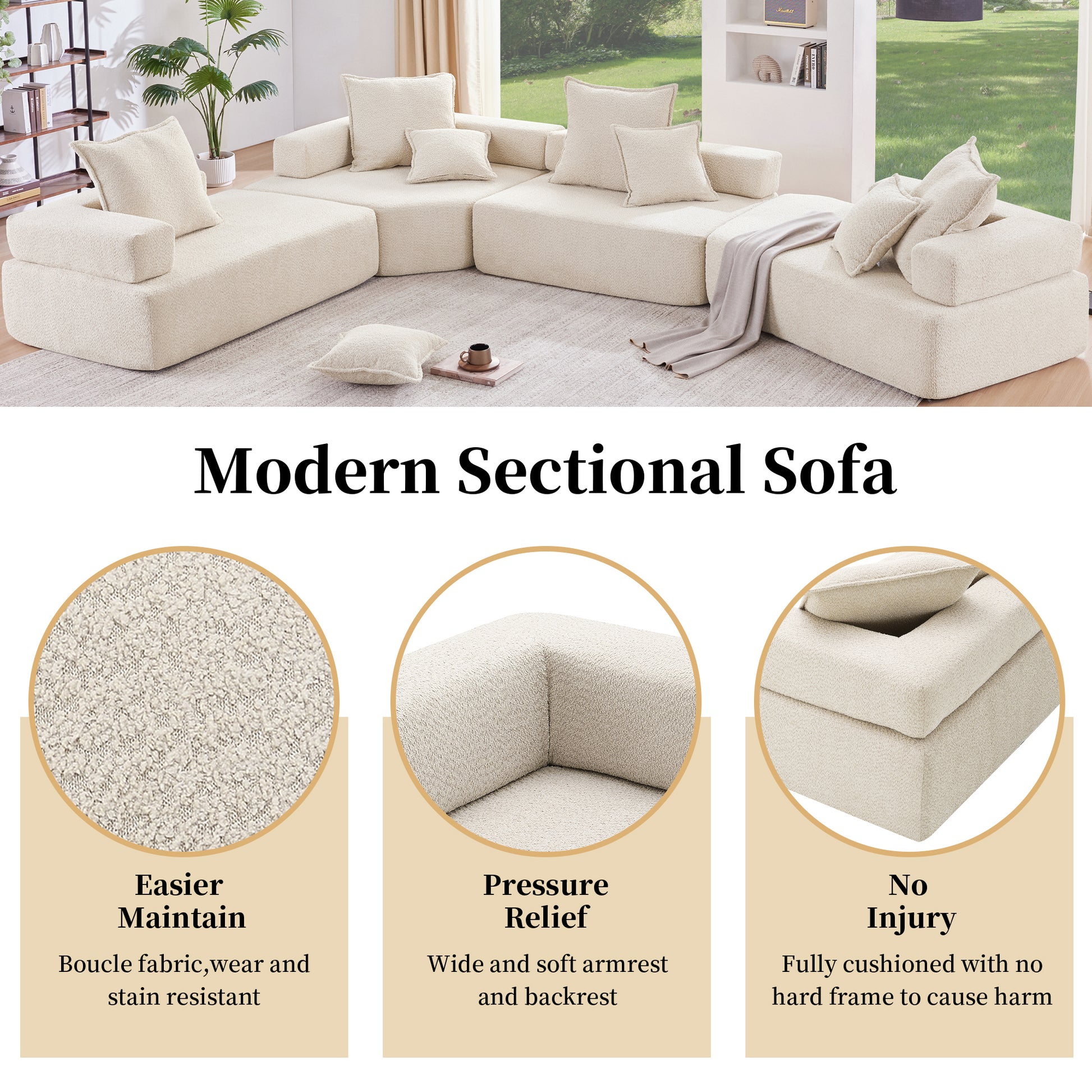 Loveseat Frame for Oversized Modular U Shaped Sectional Sofa,Luxury Boucle Floor Couch Set,Convertible Sleeper Couch,Spacious Foam-Filled Sofa Bed for Living Room